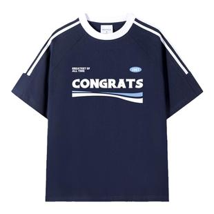 Guozii美潮藏蓝色潮牌字母印花美式复古休闲纯棉宽松打底上衣新款