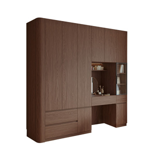 定制实木橡木圆弧分段式衣柜免拉手中古风带梳妆台卧室家用衣橱