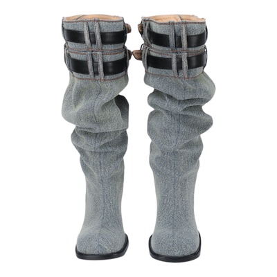 做旧蓝牛仔裤皮带扣圆头堆堆靴