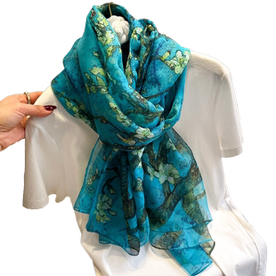 湖蓝色杭州丝绸丝巾女春秋百搭仿真丝围巾冬季长款纱巾外搭披肩