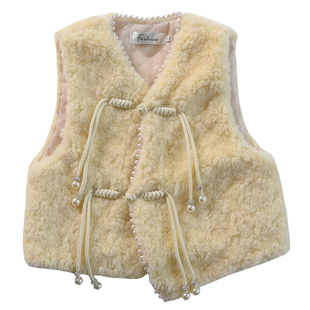 儿童皮草马甲外穿女童新中式国风春秋仿羊羔绒毛毛小女孩宝宝背心