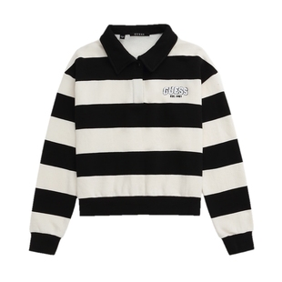 GUESS女士复古条纹拼色卫衣短款衫长袖上衣