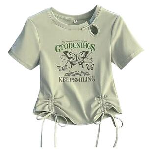 女童夏季短袖t恤2026新款洋气短款上衣中大童小众蝴蝶印花抽绳T恤