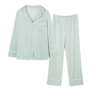 芬狄诗秋冬女士睡衣丝光金丝绒翻领开衫长袖长裤家居服套装FL7676