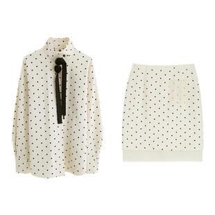 有耳uare原创设计 玫瑰的真心 多穿法波点花朵飘带衬衫半身裙套装