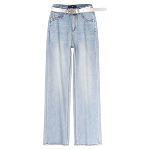 219欧货小蜜蜂夏季浅蓝色烫银直筒牛仔裤显瘦薄款垂感窄版阔腿裤