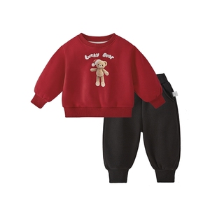 男童卫衣套装红色2026拜年服加绒小童秋冬保暖新年衣服裤儿童童装