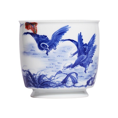 小桥窑青花釉里红平沙落雁品茗杯