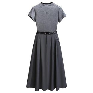 灰色半高领短袖t恤半身裙子女春两件套装2026夏新款高级感连衣裙
