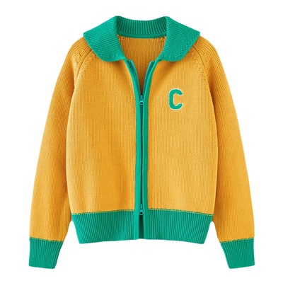 纯棉拉链翻领外穿拼色针织毛衣