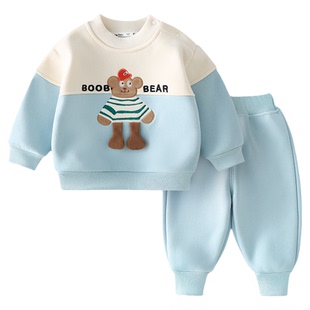 宝宝加绒卫衣套装男女儿童外穿2026新款春秋季加厚婴儿保暖两件套