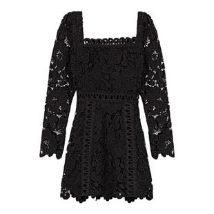 Maje2025春夏女装法式时尚黑色镂空方领修身收腰长袖短款连衣裙