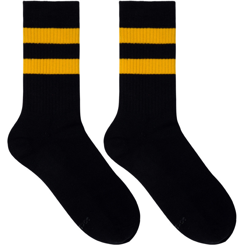 sockkon 男士毛巾底黑色黄两条杠条纹橙黄色运动袜高筒健身袜子