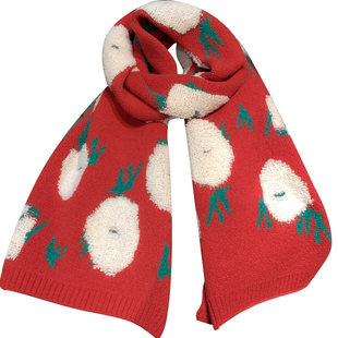 毛绒绣红色针织围巾女秋冬季韩版百搭新年圣诞礼物保暖毛线围脖潮