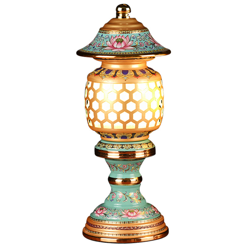 led珐琅彩神社长明灯插电莲花灯佛供灯佛灯财神爷佛前唐纹供佛灯