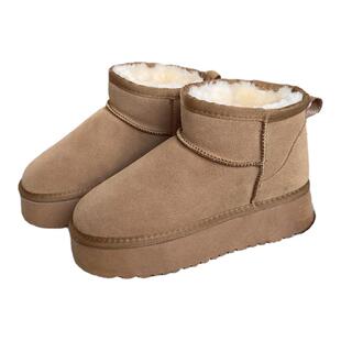 厚底雪地靴女短靴周冬雨mini靴牛皮加厚加绒小个子增高学生防滑底