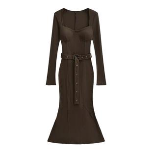 liviahome 磨毛包肩仿鱼骨收腰连衣裙女后开叉包臀鱼尾长裙带胸垫