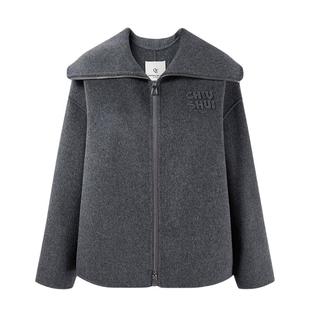 【100%绵羊毛】秋水伊人翻领灰色大衣女2024冬新款miu系毛呢外套