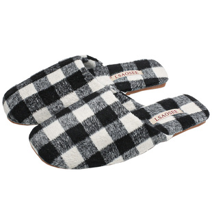 秋冬季新款简约棋盘格绒面情侣棉拖鞋女保暖室内防滑轻声牛筋底男
