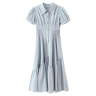 【清仓秒杀】夏冷淡系独特别致裙子小众小个子蓝色翻领短袖连衣裙