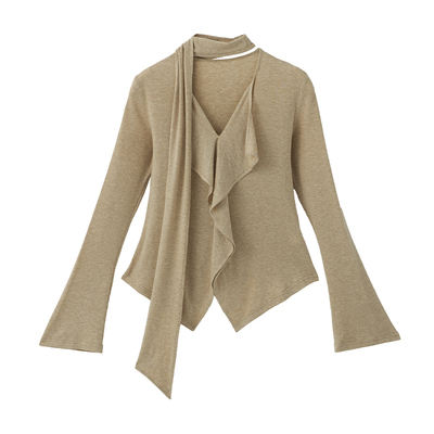 LIMONN天丝羊毛荷叶边飘带喇叭袖针织上衣女温柔风通勤气质内搭