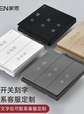 酒店家用开关订制激光做字刻字面板 暗装86型灰色大按键三开双控