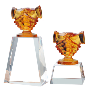 高端大气水晶 琉璃握手奖杯支援团队合作单位友谊长存礼品摆件