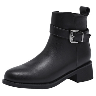 大东女鞋妈妈靴2025冬季新款粗跟加绒女短靴通勤简约短筒时装靴子