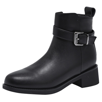 大东女鞋粗跟妈妈靴短筒侧拉链