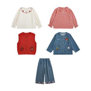 幼悠女童红苹果牧场系列春季法式泡泡袖娃娃衫小兔牛仔外套多件套