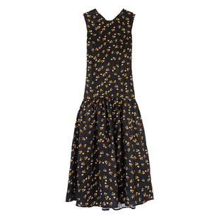 秘密盒子雾野寻香 100亚麻后背V领镂空法式长裙圆领a字碎花连衣裙