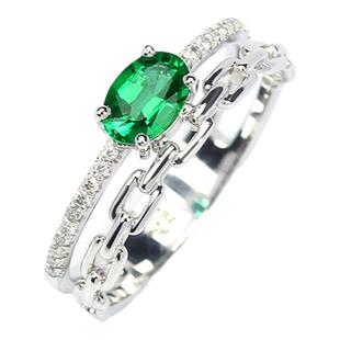 18K白金天然祖母绿链条双层戒指 明艳VVG色绿色宝石叠戴女款正品