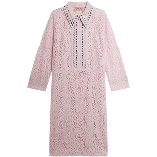 IT N21女装翻领连衣裙优雅气质铆钉缀饰蕾丝镂空直筒裙1423