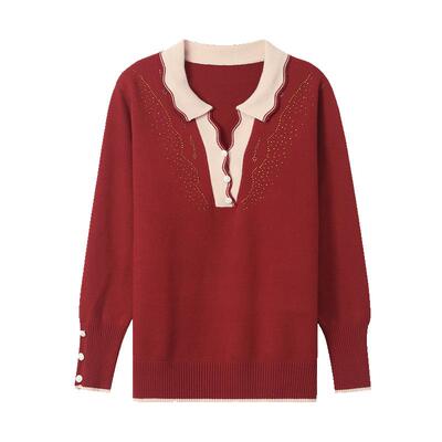 恒源祥翻领针织衫短款烫钻女士套头衫新款毛衣韩版时尚气质打底衫