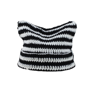 亚比风小众条纹猫耳朵针织帽子恶魔牛角保暖秋冬毛线帽减龄护耳帽