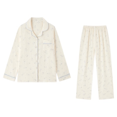 檐花纯棉双层纱布睡衣女秋长袖