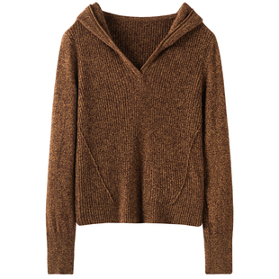 休闲出游卫衣~100%纯山羊绒连帽衫女秋冬新品保暖针织毛衣短款