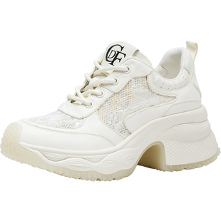 CDF女鞋2025春季新款时尚百搭厚底老爹鞋网纱透气增高休闲运动鞋