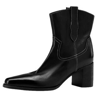 HUSSLOVE 水洗马皮·跟高7CM·西部牛仔靴车缝线v口尖头粗跟短靴