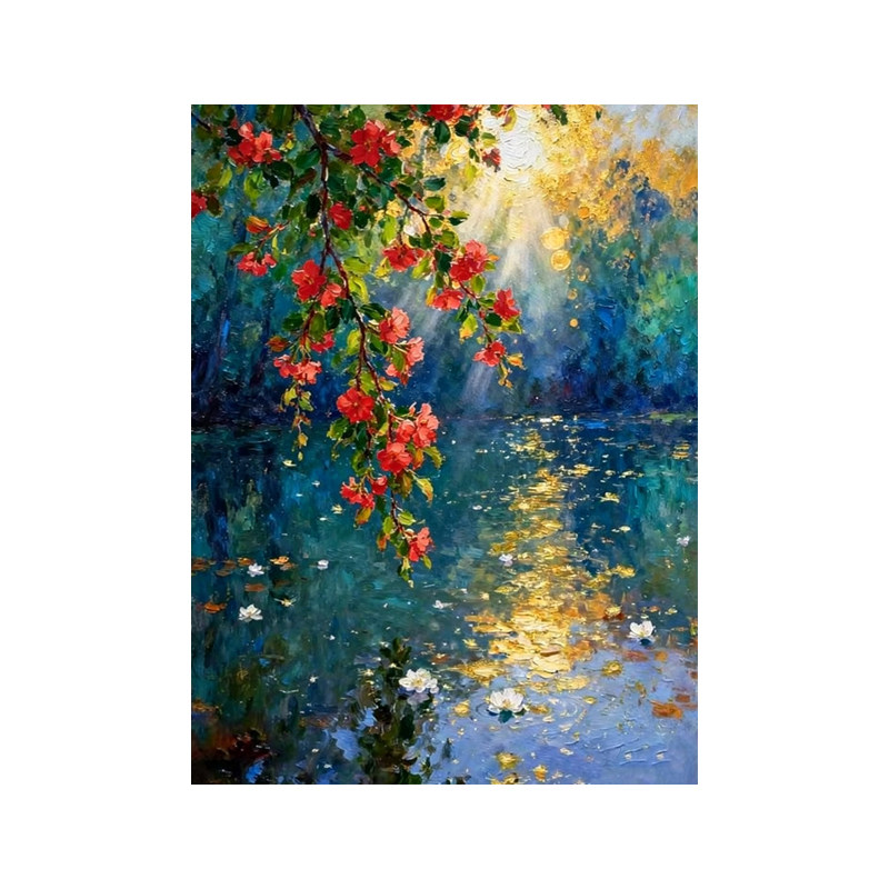 可班手绘油画花映波光背景装饰画