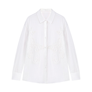 MISSCOCOON可可尼白色长袖绣花衬衫女2025秋季新款宽松苎麻上衣