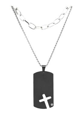 黑银十字架吊坠钛钢项链双层叠加