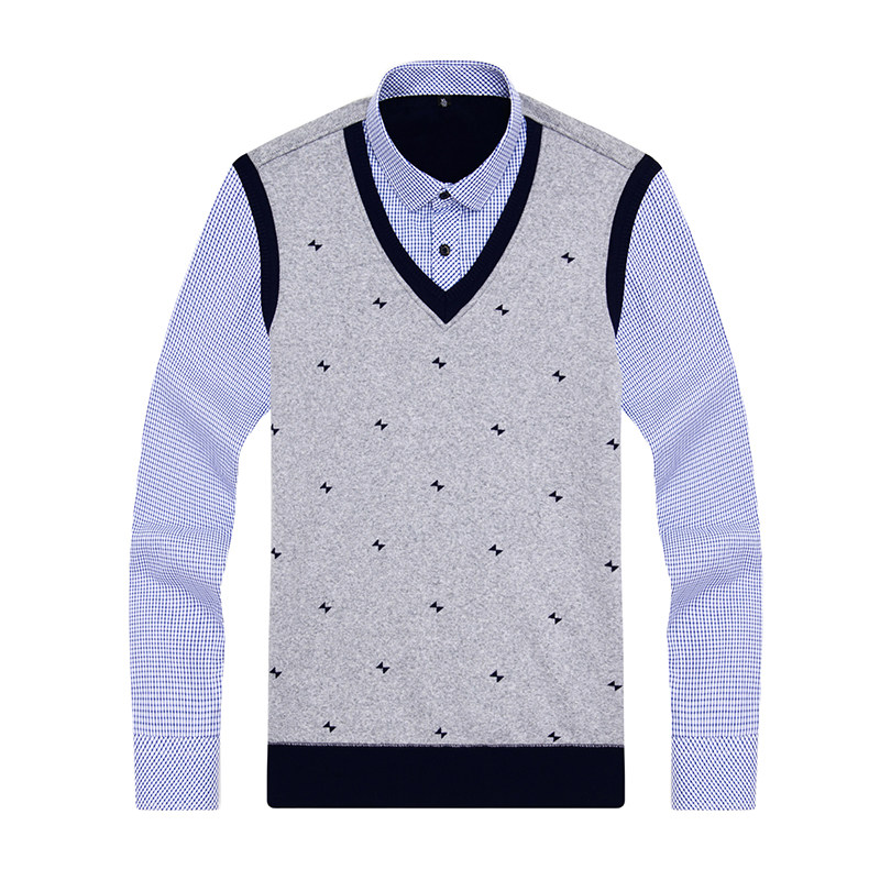 冬季男士保暖衬衫假两件加厚加绒青年针织衫中老年衬衣领外穿上衣