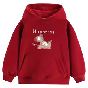 女童红色连帽卫衣2026马年秋冬加绒印花长袖男童上衣宽松口袋外套