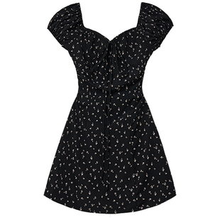 Halo Luu 茶歇法式黑色碎花连衣裙女夏季韩系绝美收腰短款a字裙子