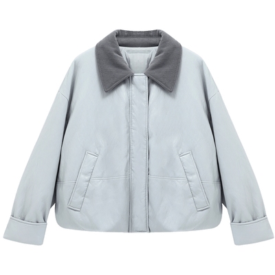 Basic House/百家好撞色皮鹅绒羽绒服女冬季灯芯绒撞色拼接短外套