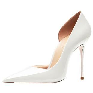 HLTINO2025年春季新款白色侧空尖头高跟鞋女细跟法式少女漆皮单鞋