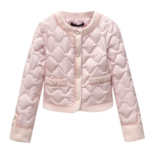 【桃之夭夭】冬季小个子女款气质小香风高级感圆领白鸭绒羽绒服女