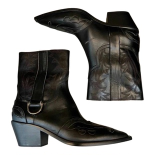 暗黑复古西部牛仔靴男款真皮尖头骑士靴朋克短靴机车靴短筒巫师靴