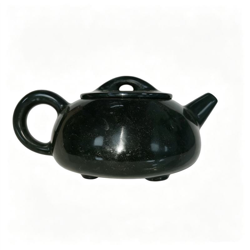 高档天然墨绿色玉石泡茶壶手把件